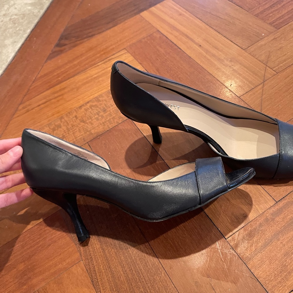 black, open toed, size 10 NINE WEST kitten heels